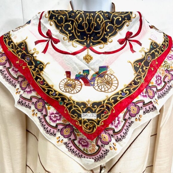 (2) Unused MiniScarfs19" : Celine Paris Red carriage horse +Blooming Floral (40) - Picture 8 of 12